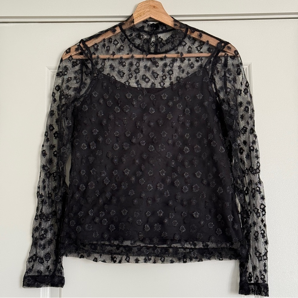 Two Pieces Black Lace Layered Long Sleeve Top Blouse - Size S